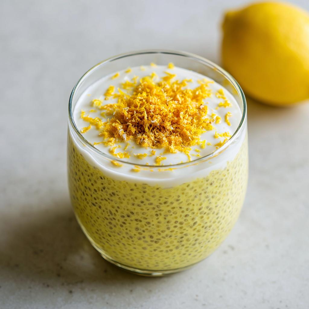 A close-up of a glass filled with vibrant yellow Lemon Cream Chia Pudding, topped with creamy white yogurt and fresh lemon zest.