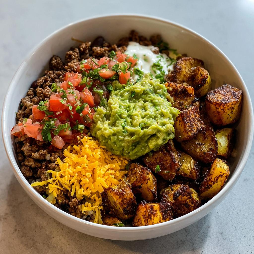 A delicious Loaded Potato Taco Bowl filled with seasoned ground beef, diced tomatoes, guacamole, shredded cheese, and crispy potatoes.