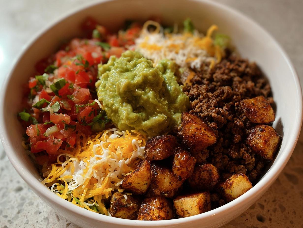A delicious Loaded Potato Taco Bowl filled with seasoned ground beef, crispy potatoes, pico de gallo, guacamole, and shredded cheese.