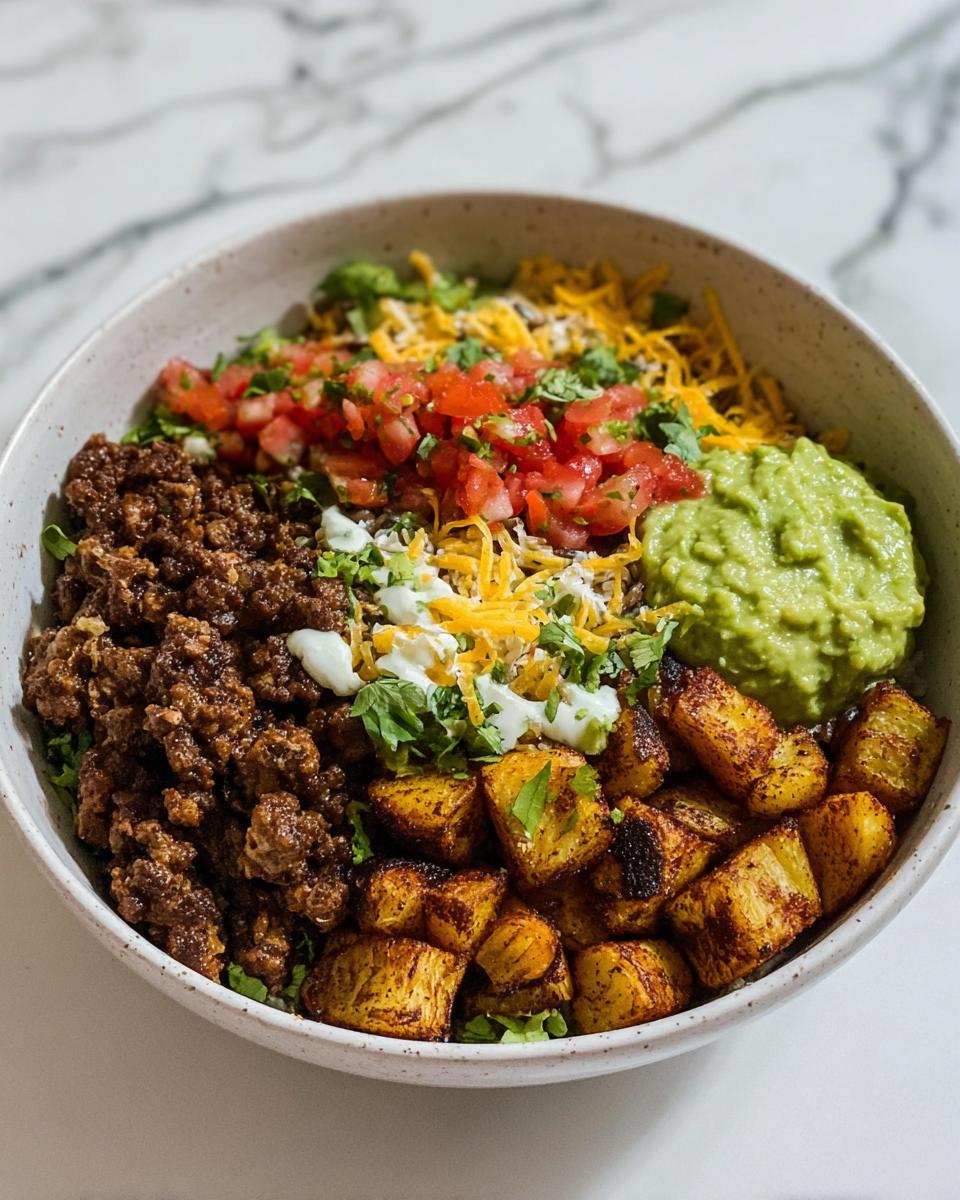 A delicious Loaded Potato Taco Bowl featuring seasoned ground beef, crispy roasted potatoes, guacamole, pico de gallo, cheese, and sour cream.