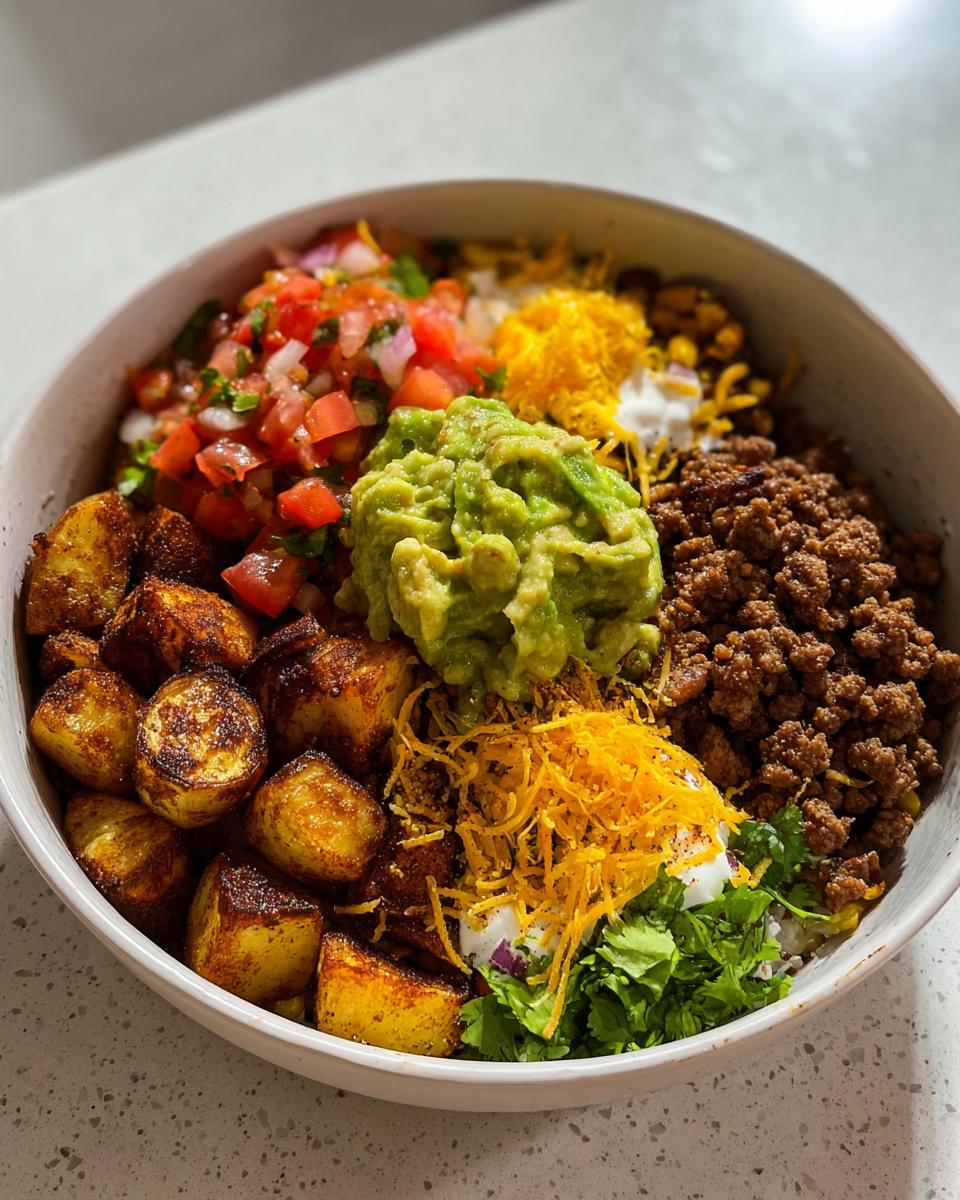 A vibrant Loaded Potato Taco Bowl featuring seasoned potatoes, seasoned ground beef, pico de gallo, guacamole, shredded cheese, and cilantro.