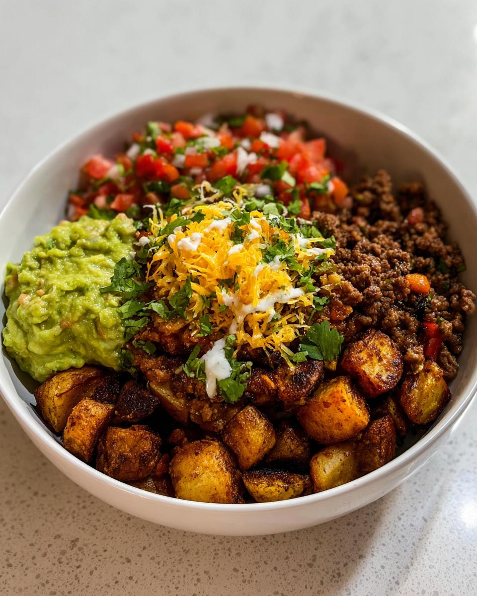 A close-up of a Loaded Potato Taco Bowl featuring seasoned potatoes, ground beef, guacamole, pico de gallo, shredded cheese, and a drizzle of sour cream.