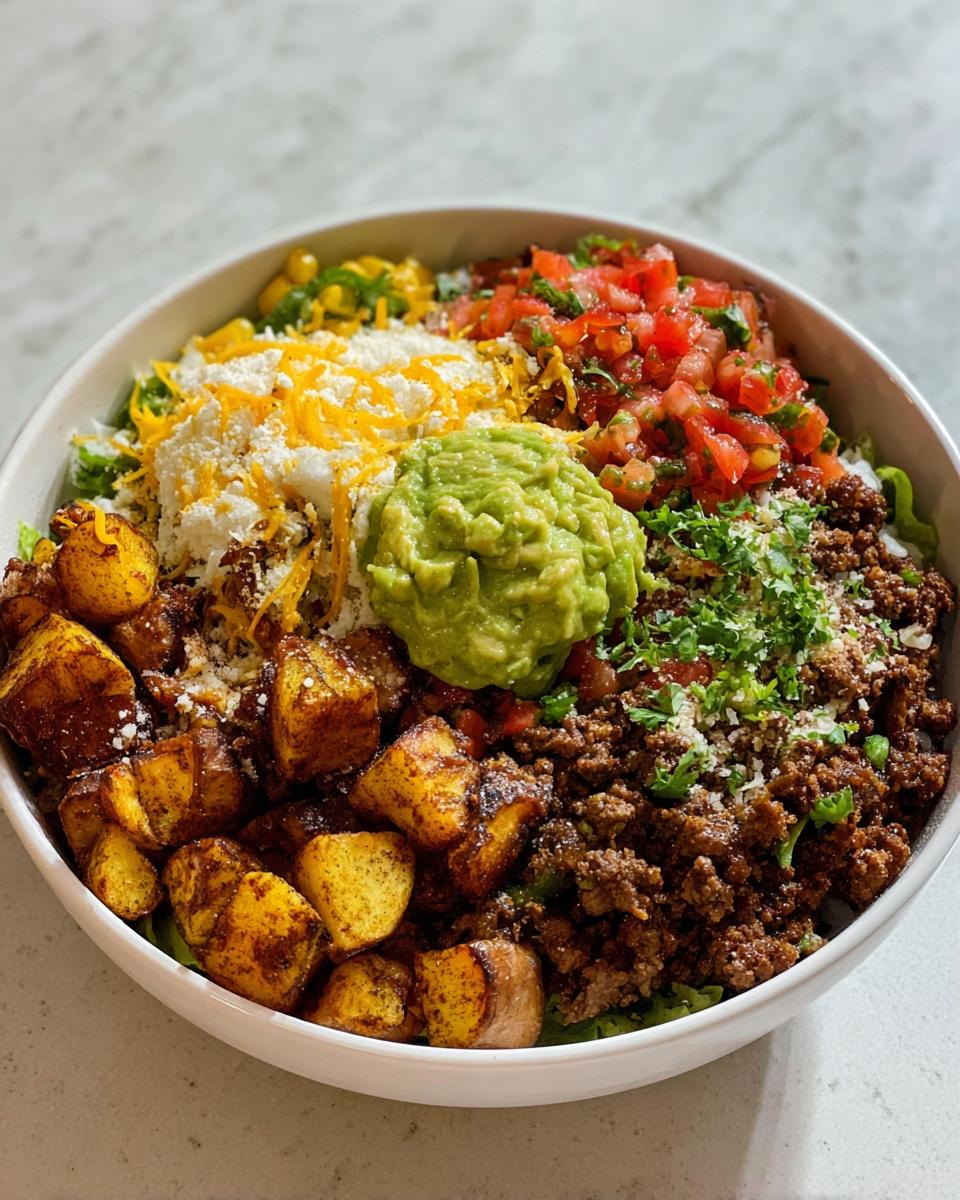A vibrant Loaded Potato Taco Bowl featuring seasoned potatoes, ground beef, pico de gallo, cheese, and guacamole.