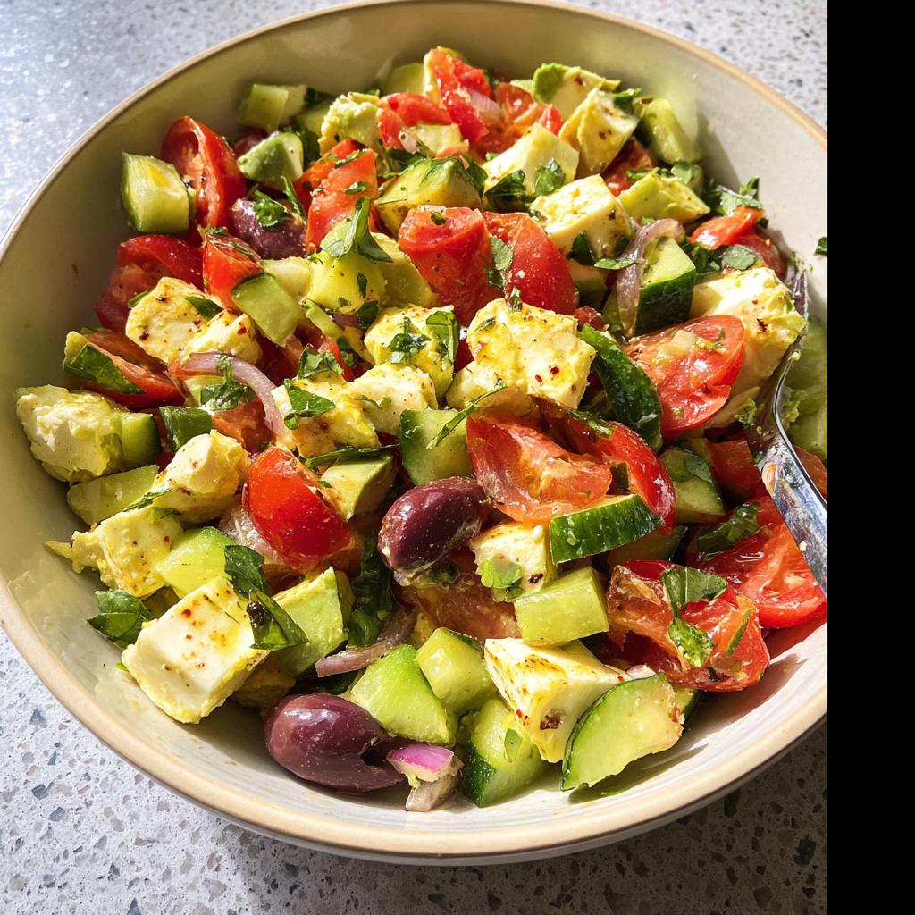 A close-up of a bowl filled with Simple & Zesty Mediterranean Avocado Egg Salad, featuring chunks of avocado, tomatoes, cucumber, olives, and feta cheese.