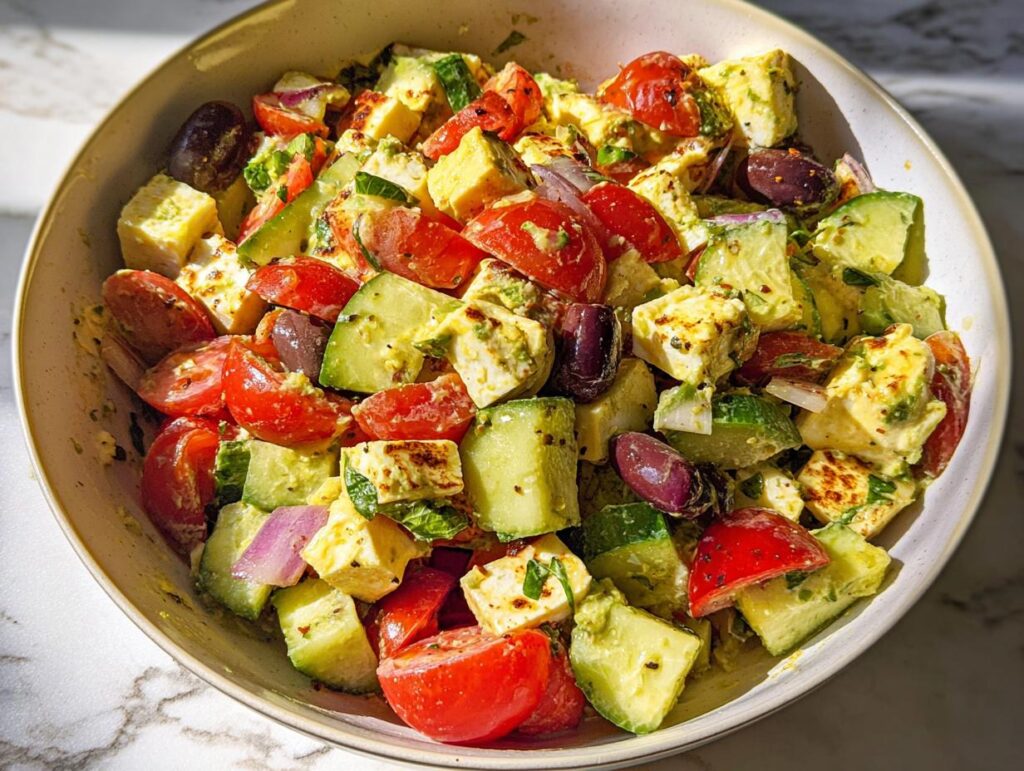A bowl of Simple & Zesty Mediterranean Avocado Egg Salad with tomatoes, cucumbers, feta, olives, and avocado.