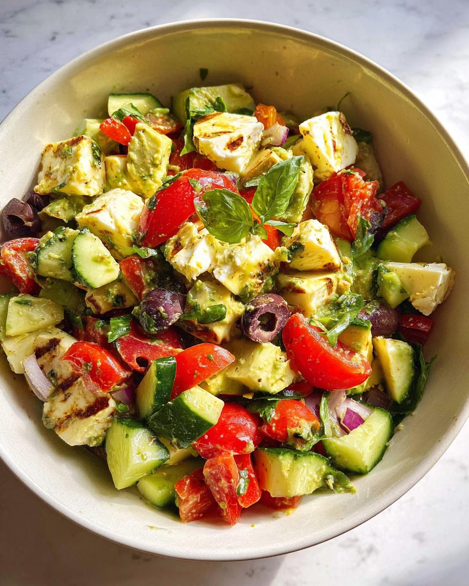 A close-up overhead shot of Simple & Zesty Mediterranean Avocado Egg Salad in a bowl, featuring avocado, tomatoes, cucumber, olives, and grilled halloumi.