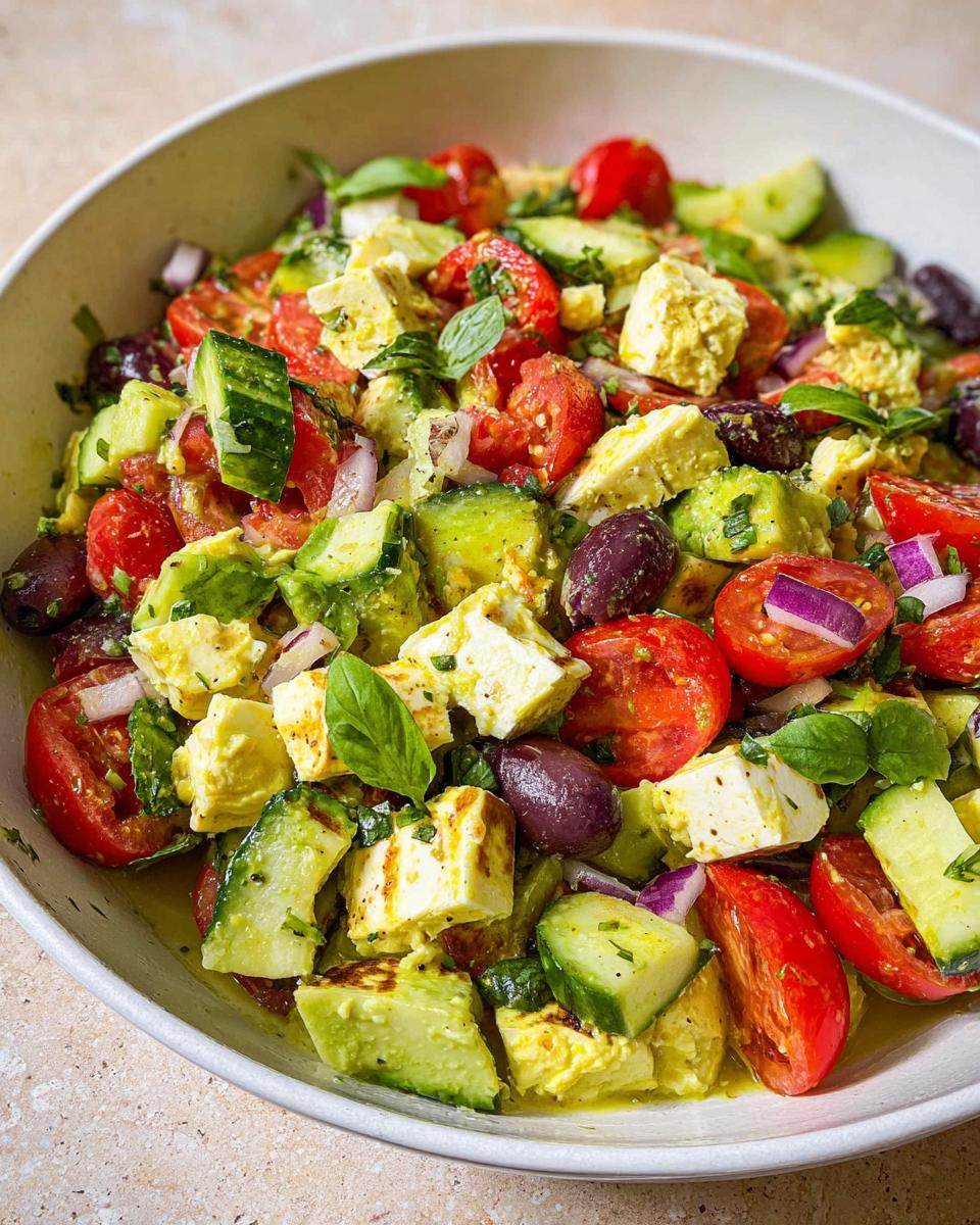 A close-up of a bowl filled with Simple & Zesty Mediterranean Avocado Egg Salad, featuring avocado, tomatoes, cucumber, feta, and olives.