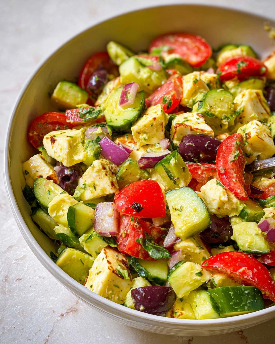 A close-up of Simple & Zesty Mediterranean Avocado Egg Salad with avocado, tomatoes, cucumber, olives, red onion, and feta cheese.