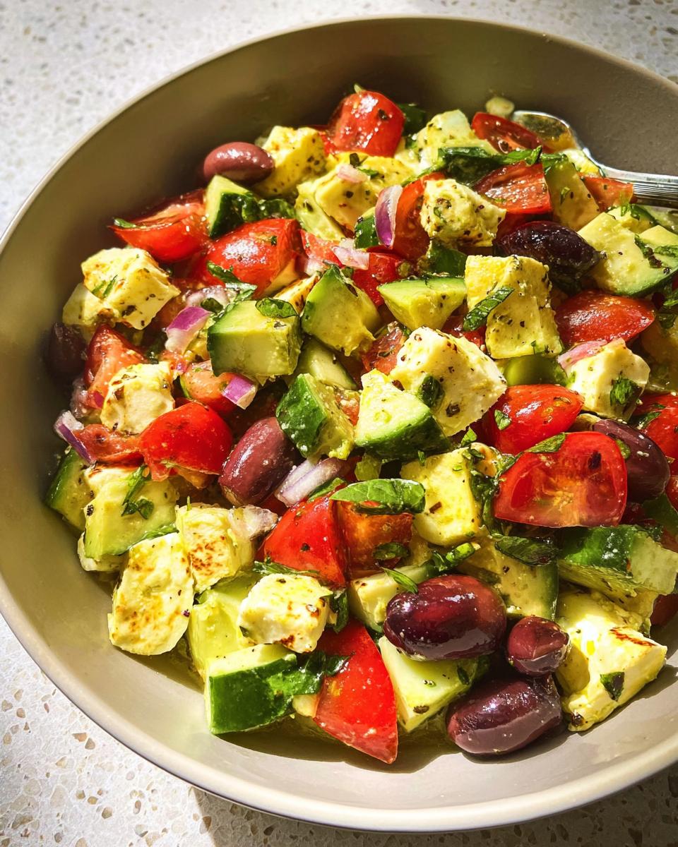 A close-up of a bowl filled with Simple & Zesty Mediterranean Avocado Egg Salad, featuring diced avocado, tomatoes, cucumber, feta cheese, and olives.