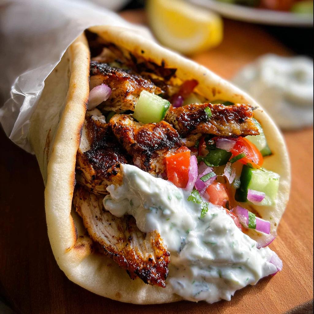 A delicious Mediterranean chicken gyro filled with grilled chicken, fresh vegetables, and creamy feta tzatziki sauce.
