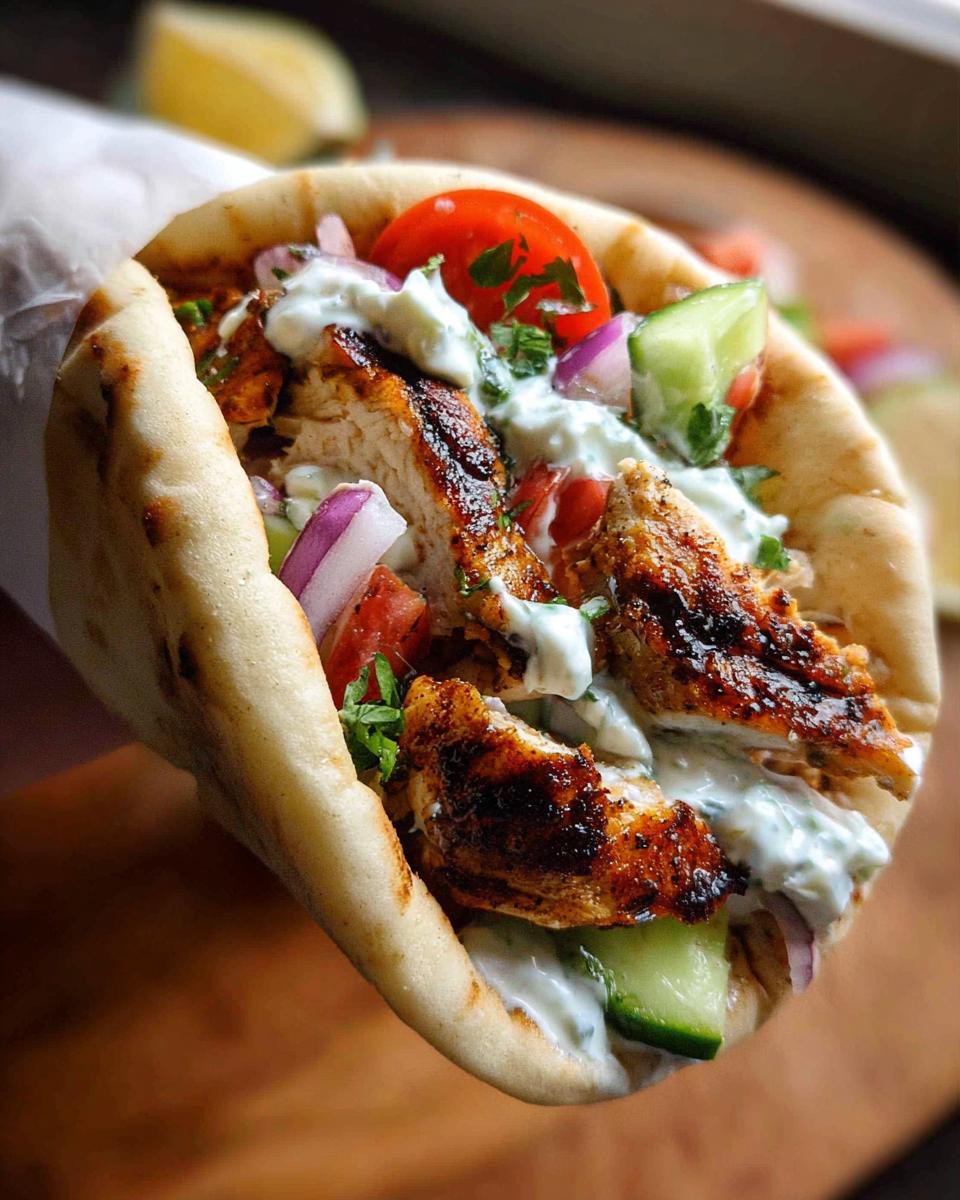 Close-up of a delicious Mediterranean Chicken Gyro, overflowing with grilled chicken, fresh vegetables, and creamy feta tzatziki sauce.