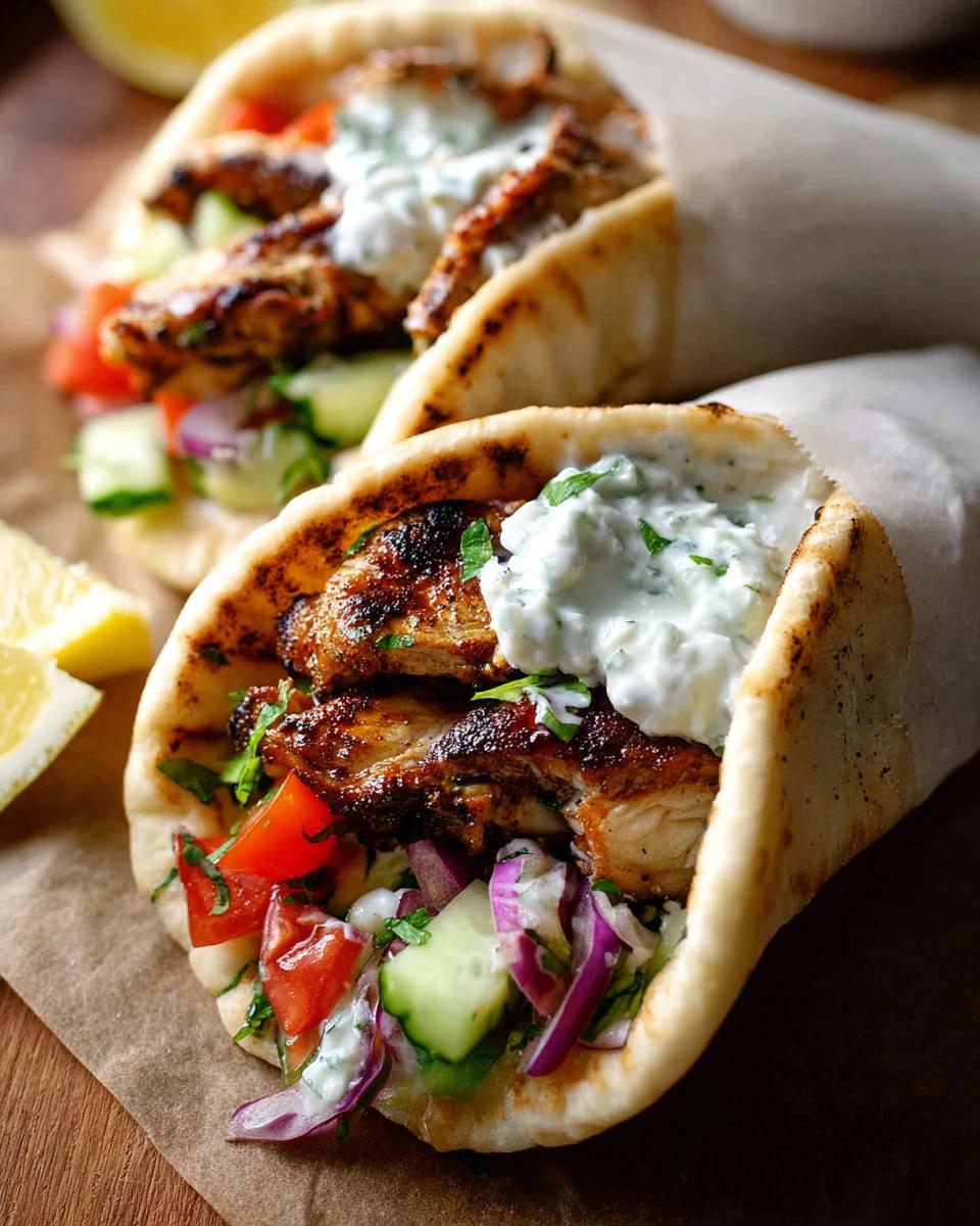 Two delicious Mediterranean Chicken Gyros filled with grilled chicken, fresh vegetables, and creamy feta tzatziki sauce.