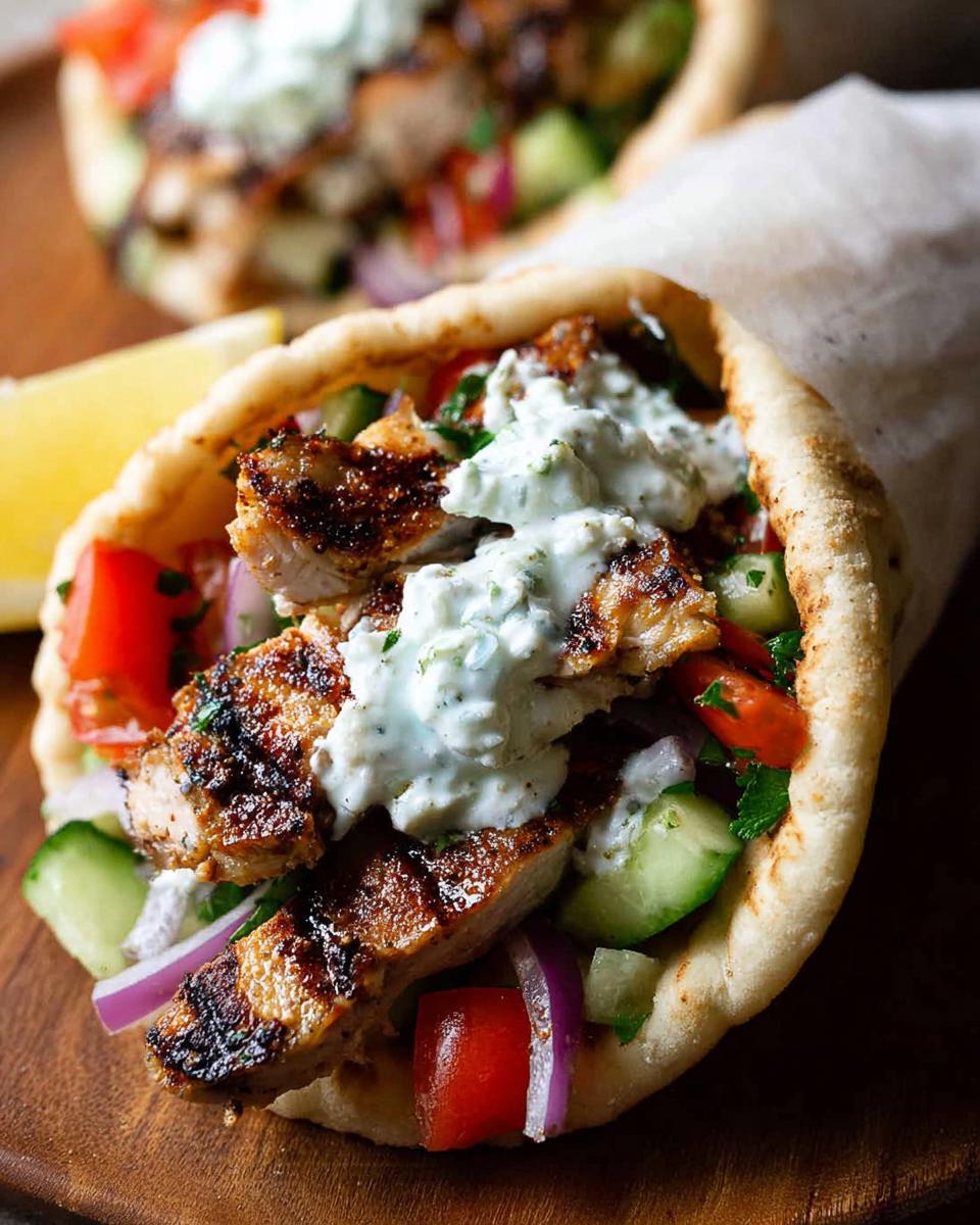 Close-up of a delicious Mediterranean Chicken Gyro stuffed with grilled chicken, cucumber, tomato, red onion, and creamy feta tzatziki.