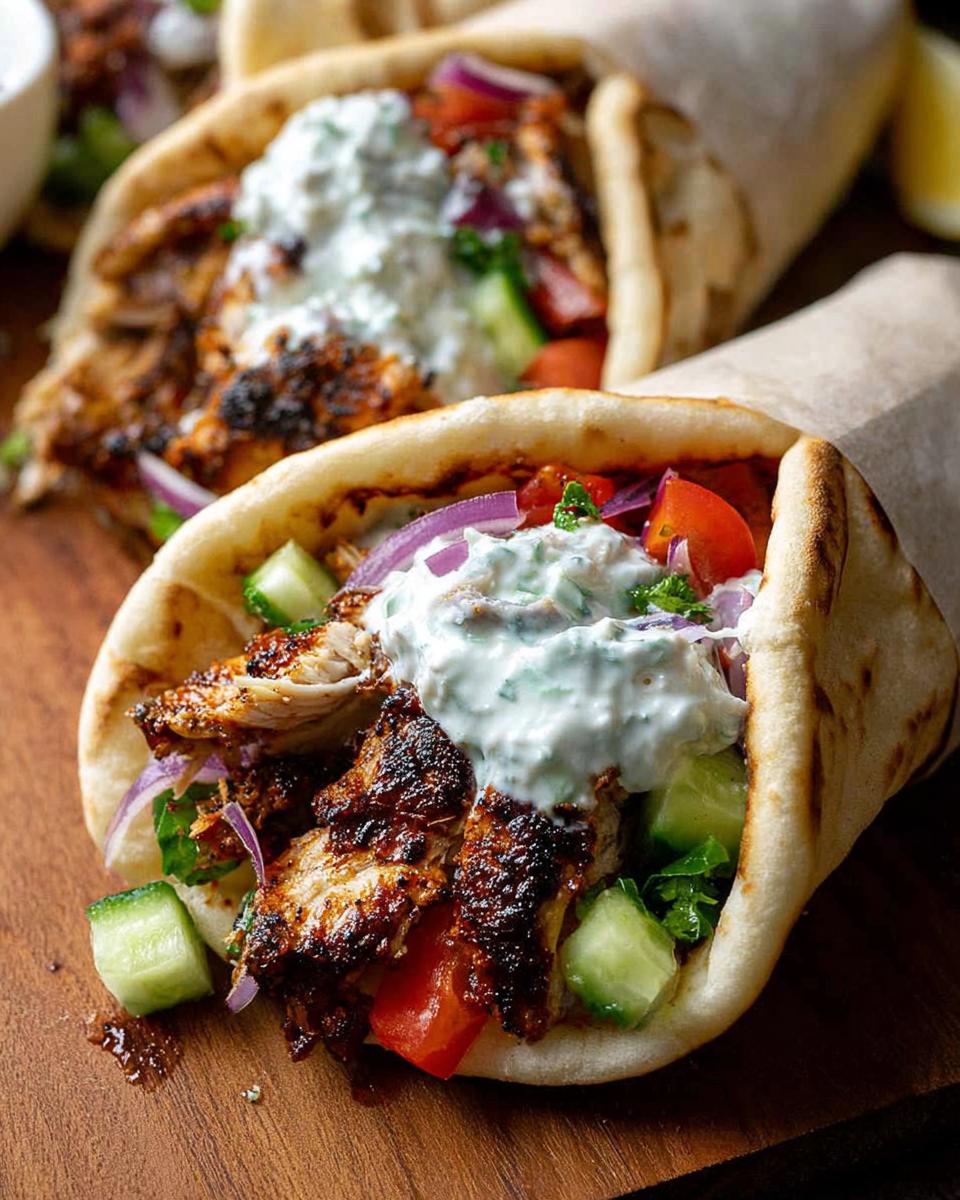Close-up of a Mediterranean Chicken Gyro filled with seasoned chicken, fresh cucumber, tomato, red onion, and creamy feta tzatziki.
