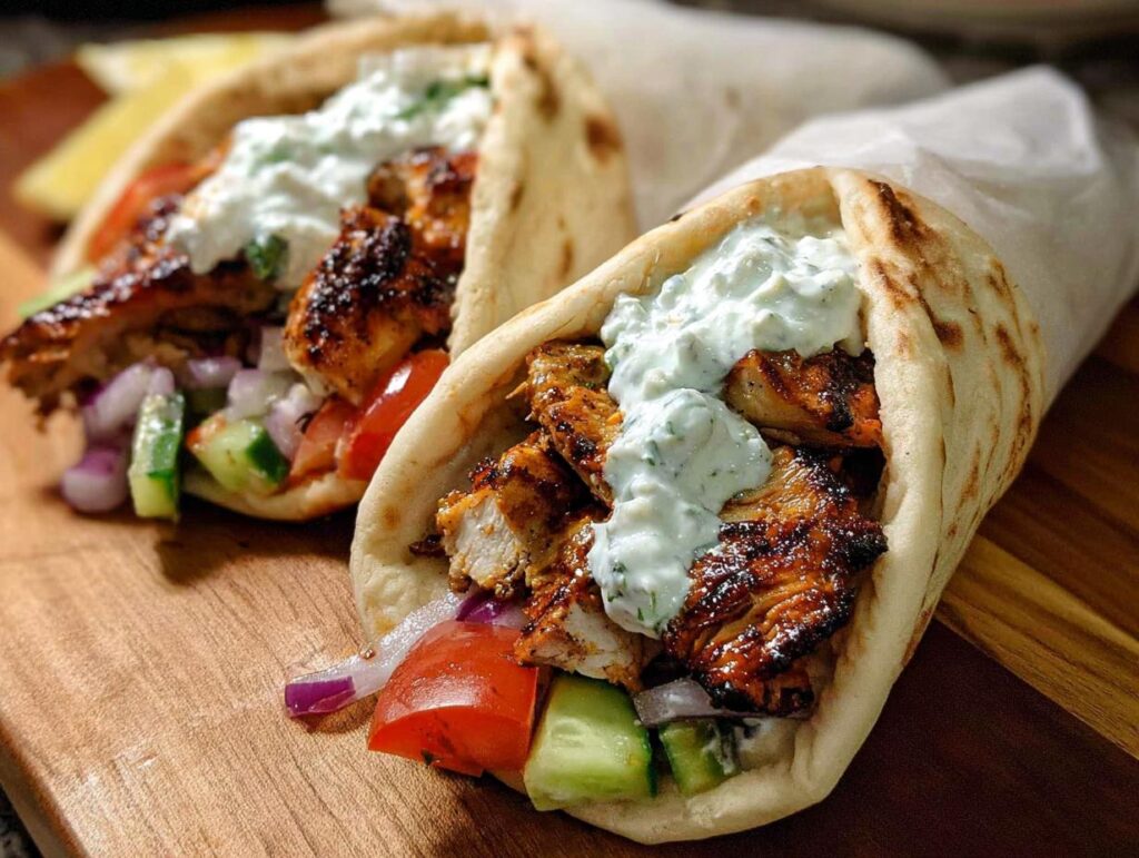 Two delicious Mediterranean Chicken Gyros stuffed with grilled chicken, fresh vegetables, and creamy feta tzatziki sauce.
