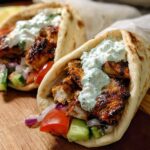 Two delicious Mediterranean Chicken Gyros stuffed with grilled chicken, fresh vegetables, and creamy feta tzatziki sauce.