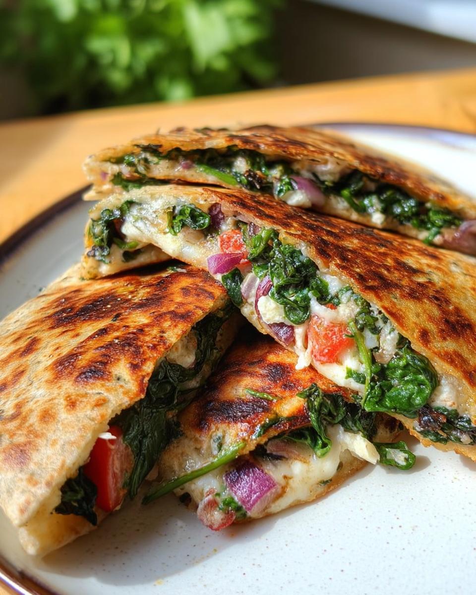 Close-up of a Mediterranean Quesadilla filled with spinach, feta, mozzarella, and red onion, cut in half.