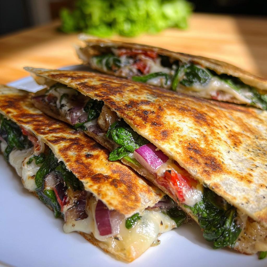 Close-up of Mediterranean Quesadillas filled with spinach, feta, mozzarella, red onion, and tomatoes.