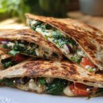 Close-up of Mediterranean Quesadillas filled with spinach, feta, mozzarella, and red onion, cut into wedges.