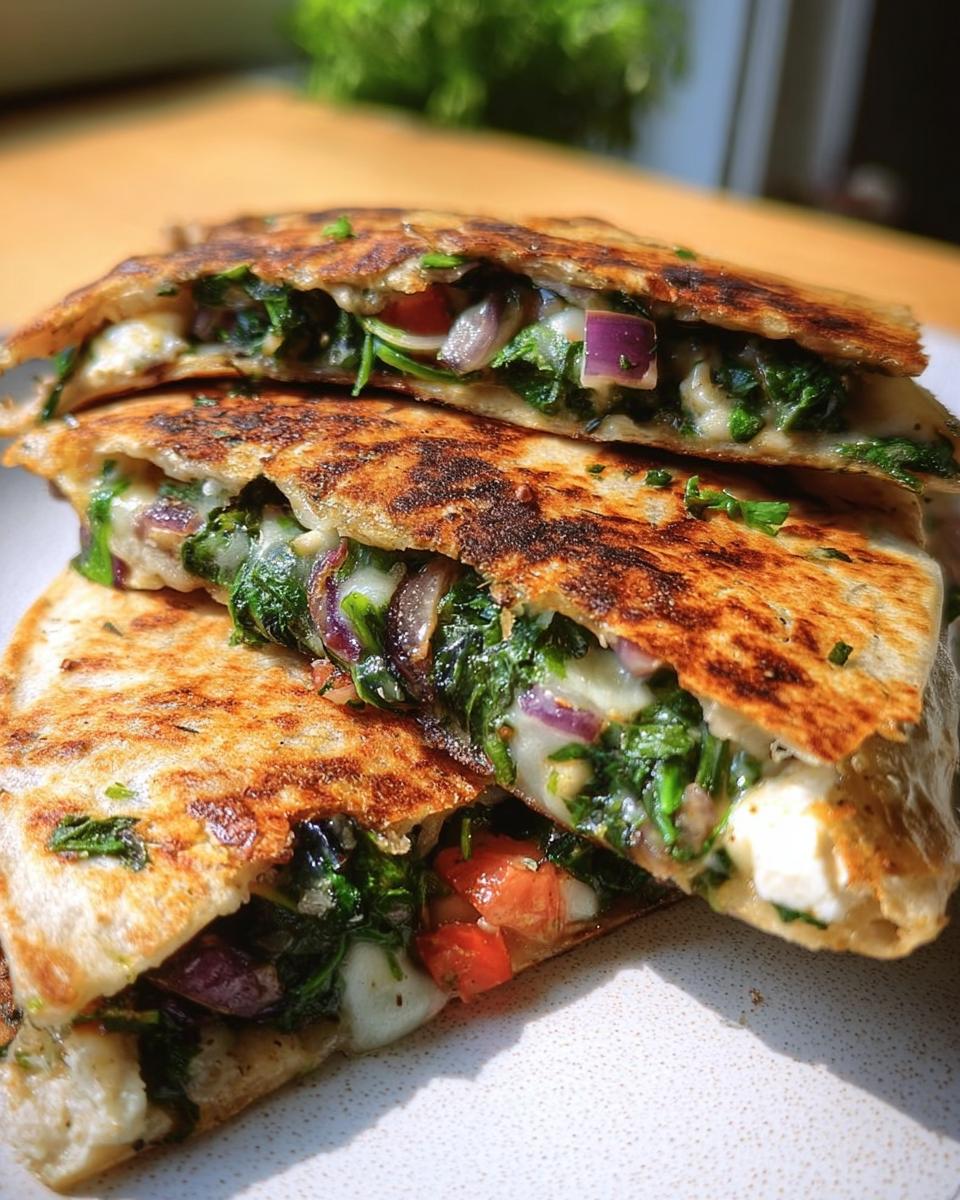 Close-up of stacked Mediterranean Quesadillas filled with spinach, feta, mozzarella, red onion, and tomatoes.