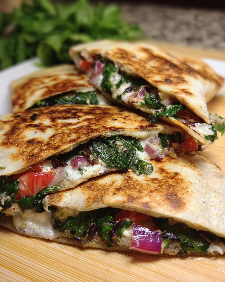 Close-up of Mediterranean Quesadillas filled with spinach, feta, mozzarella, and red onion, grilled to golden perfection.