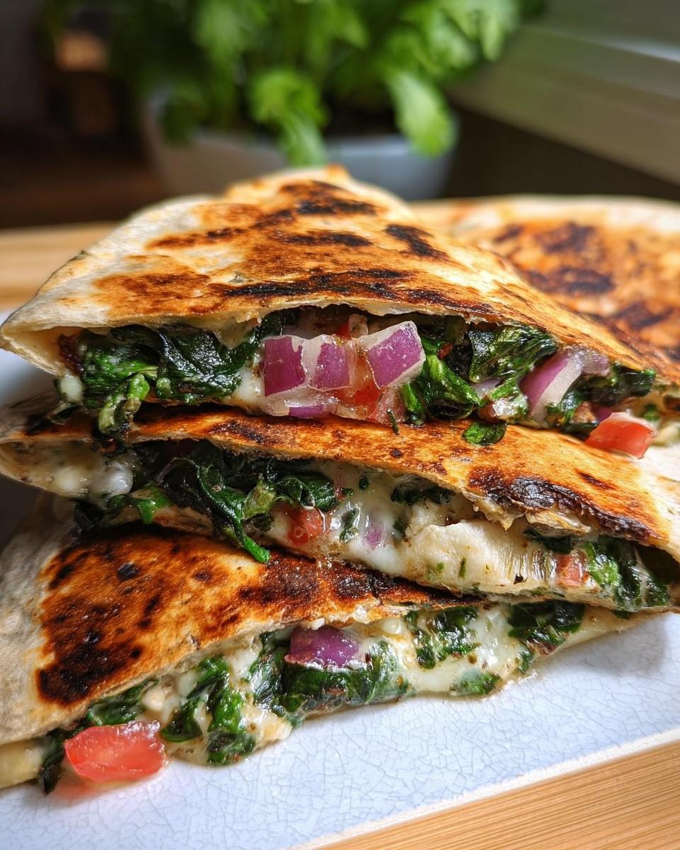 Stack of Mediterranean Quesadillas filled with spinach, feta, mozzarella, red onion, and tomatoes.