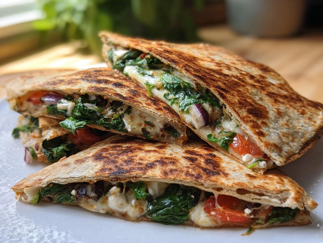 Close-up of Mediterranean Quesadillas filled with spinach, feta, mozzarella, and red onion, cut into wedges.