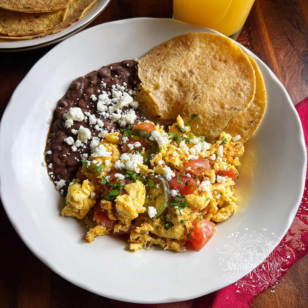 A plate of scrambled Mexican Eggs with tomatoes, jalapeños, and crumbled cheese, served with refried beans and tortillas.