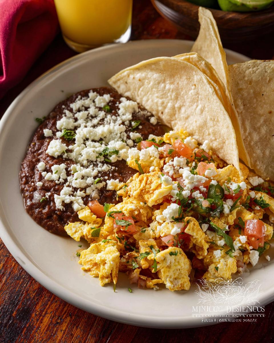 A plate of scrambled Mexican eggs with diced tomatoes and cilantro, served with refried beans and tortillas, topped with crumbled cheese.