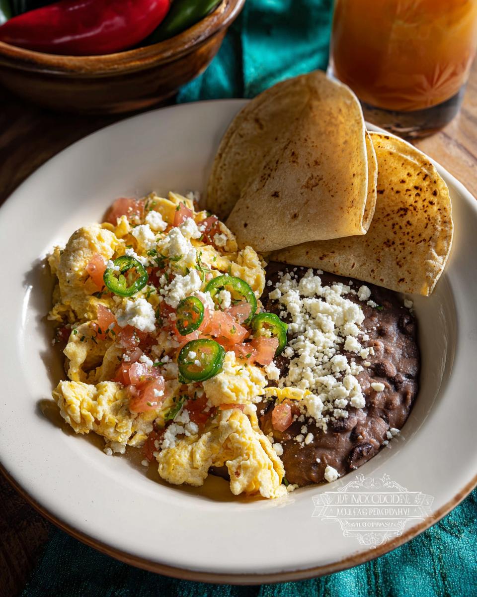 A plate of scrambled Mexican eggs topped with pico de gallo, jalapeños, and queso fresco, served with refried beans and corn tortillas.
