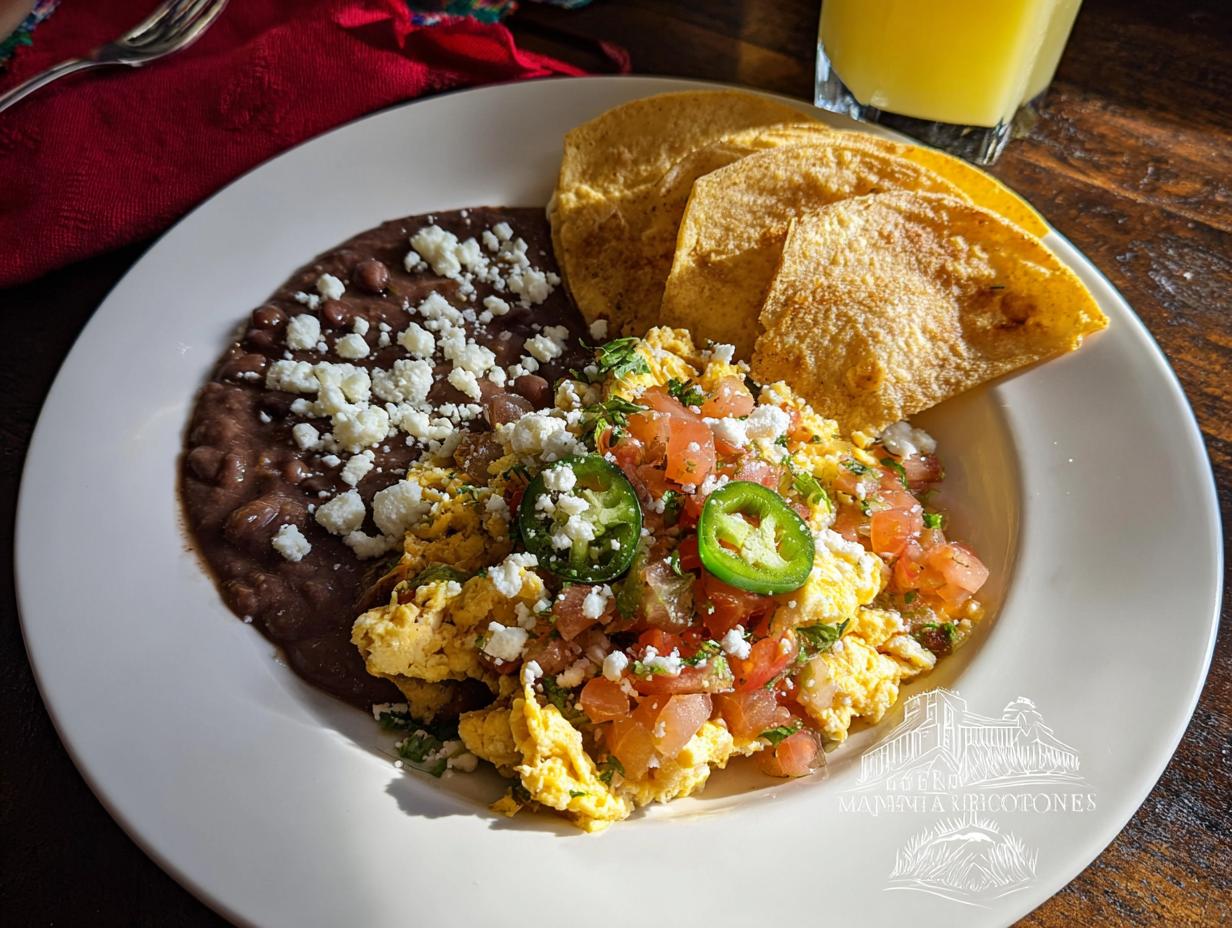 A plate of scrambled Mexican eggs topped with pico de gallo, jalapeños, and queso fresco, served with refried beans and tortilla chips.