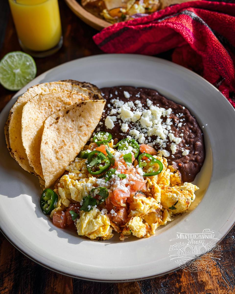 A plate of scrambled Mexican Eggs with tomatoes, jalapenos, and cilantro, served with refried beans and corn tortillas.