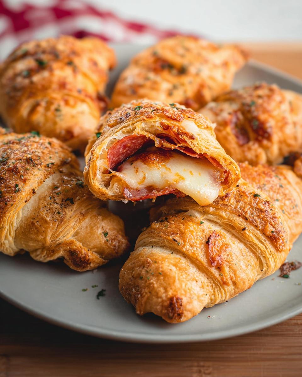 Close-up of a delicious mozzarella pepperoni croissant roll, showing gooey cheese and pepperoni inside.
