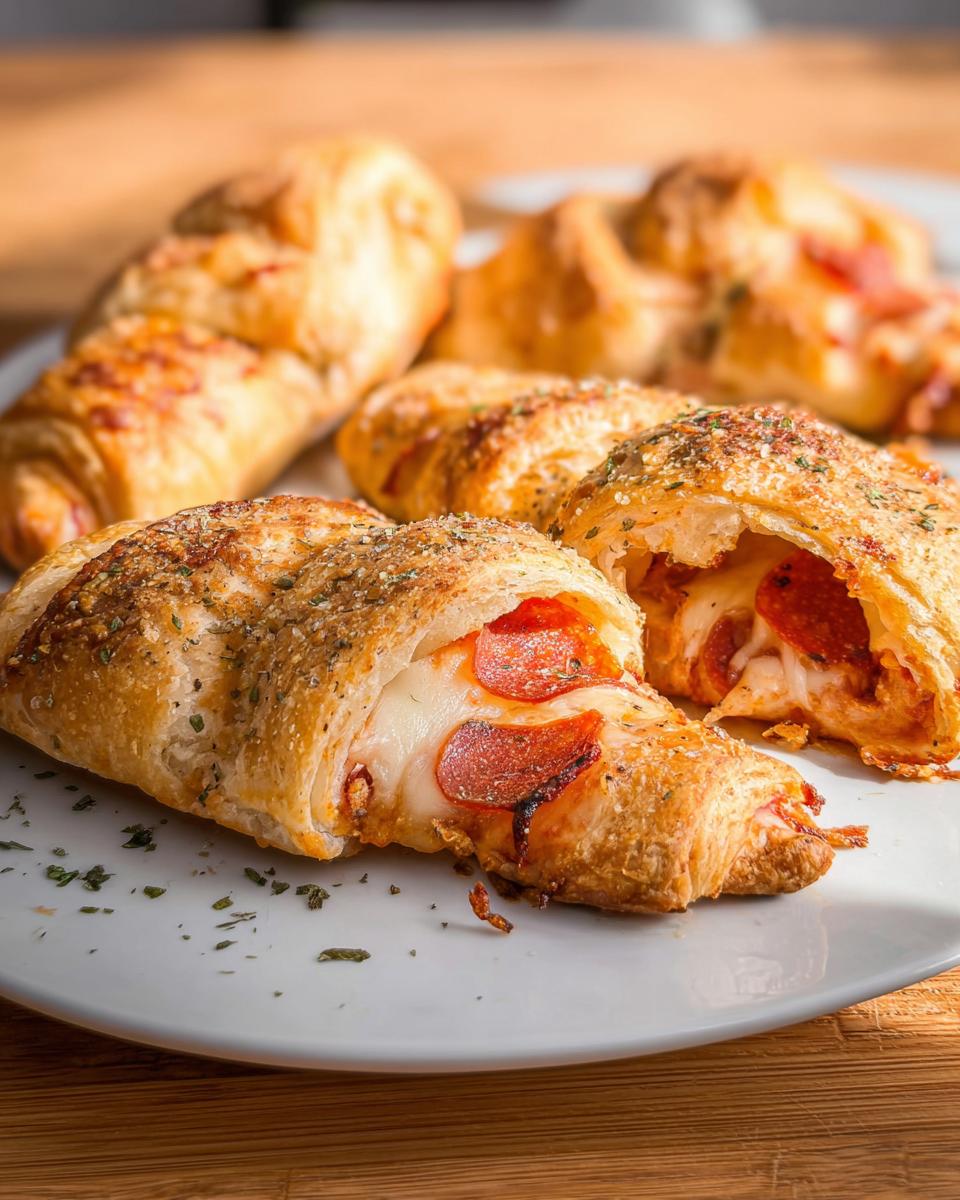 Close-up of delicious mozzarella pepperoni croissant rolls, one cut open to reveal melted cheese and pepperoni.