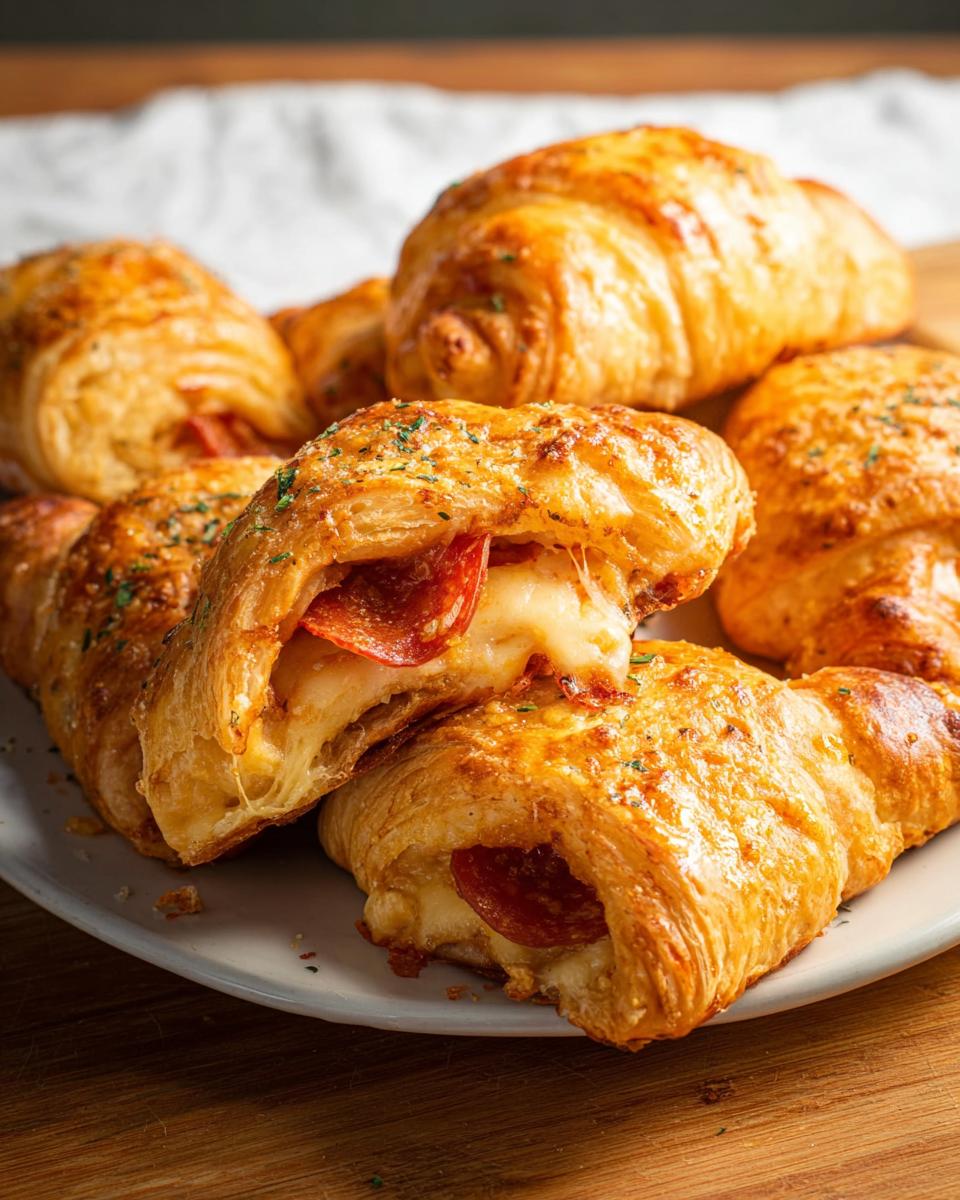 Close-up of a plate filled with golden-brown mozzarella pepperoni croissant rolls, one cut open to reveal melted cheese and pepperoni.
