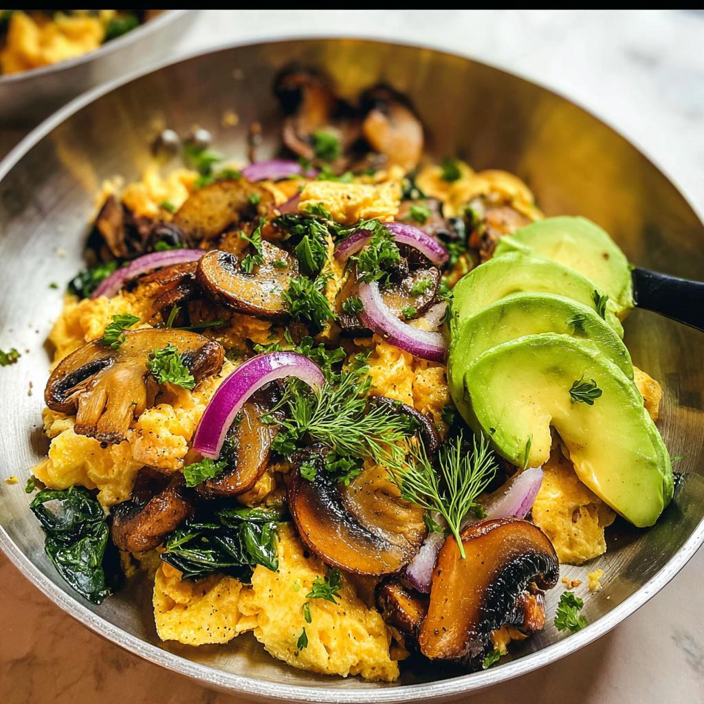 Close-up of Mushroom Spinach Scrambled Eggs topped with sliced avocado, red onion, and fresh herbs.