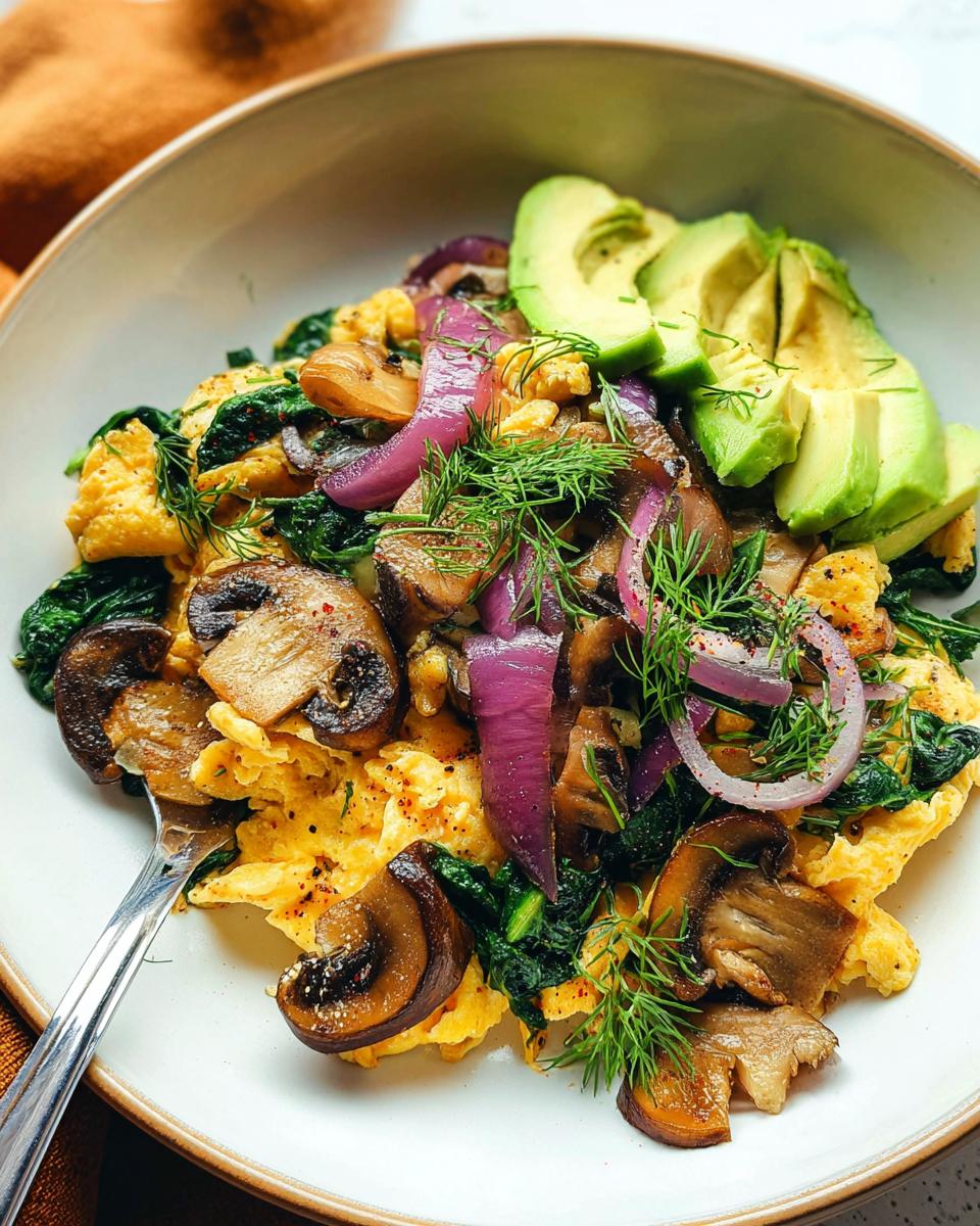 A close-up of delicious Mushroom Spinach Scrambled Eggs topped with sliced avocado, red onion, and fresh dill.