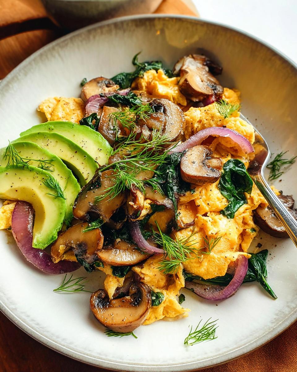 A plate of fluffy Mushroom Spinach Scrambled Eggs topped with sliced avocado and red onion.