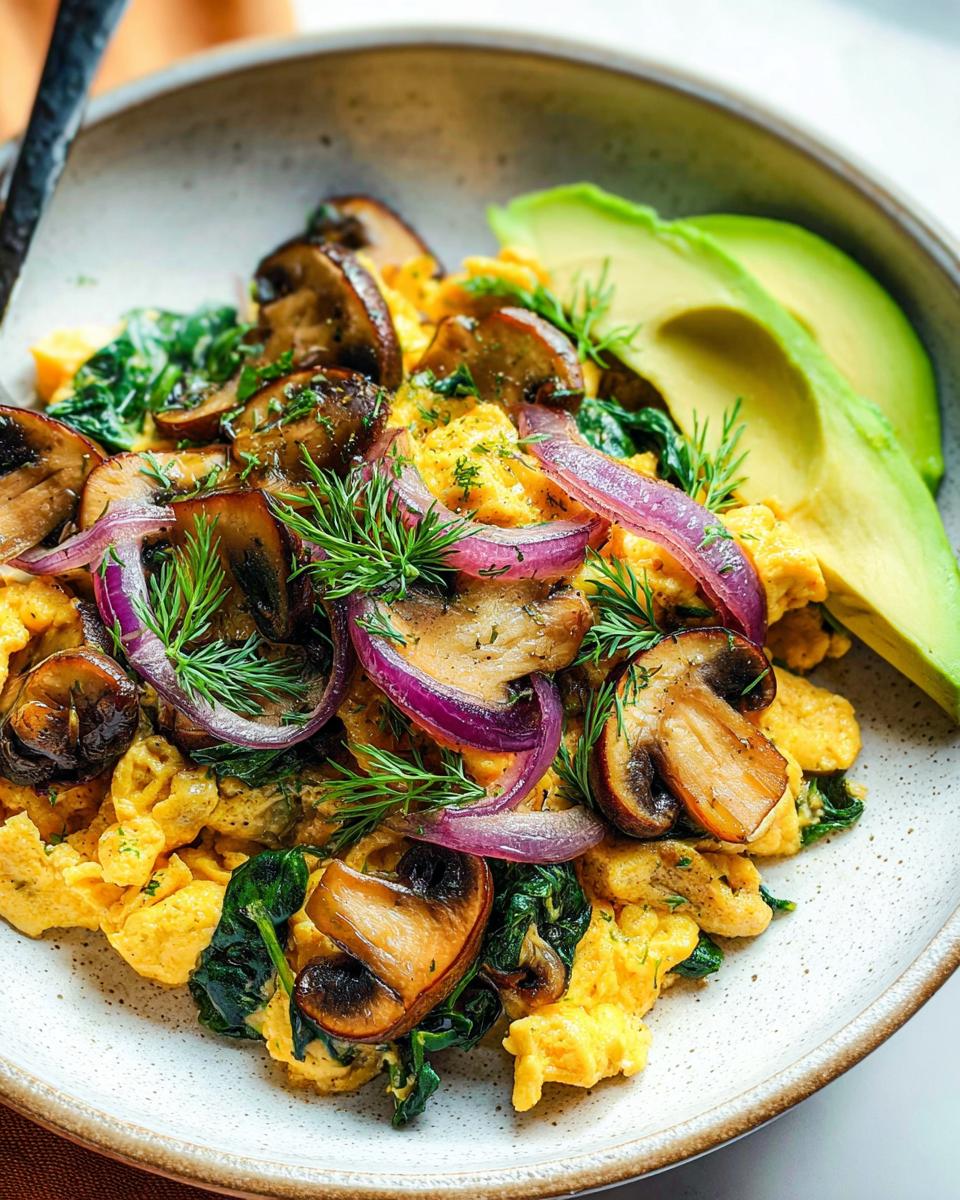 A close-up of fluffy Mushroom Spinach Scrambled Eggs topped with sliced red onions, fresh dill, and served with avocado slices.