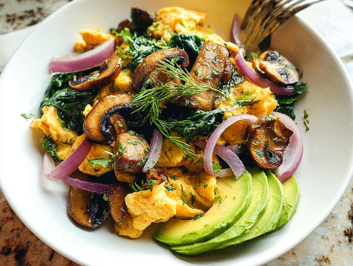 A close-up of Mushroom Spinach Scrambled Eggs topped with sliced red onion, fresh dill, and avocado.