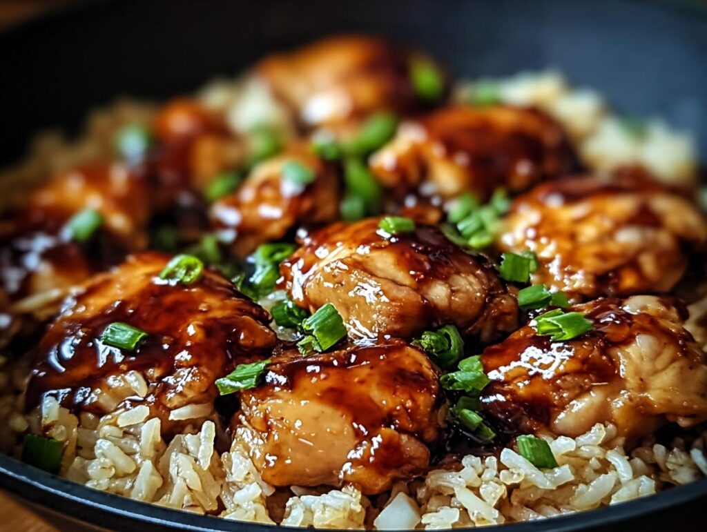 Close-up of One-Pan Honey BBQ Chicken Rice topped with chopped green onions.