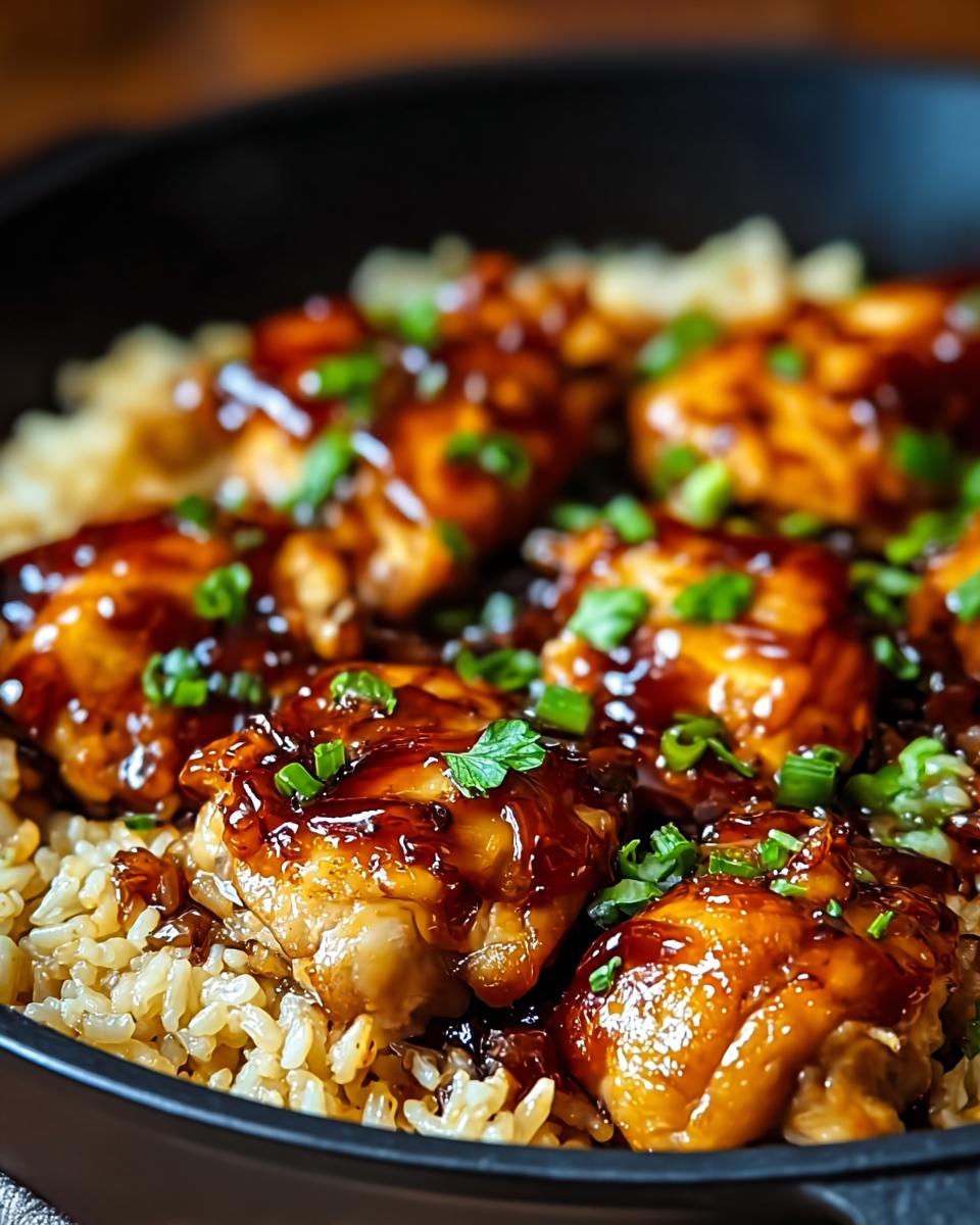 Close-up of glistening One-Pan Honey BBQ Chicken Rice topped with chopped green onions.