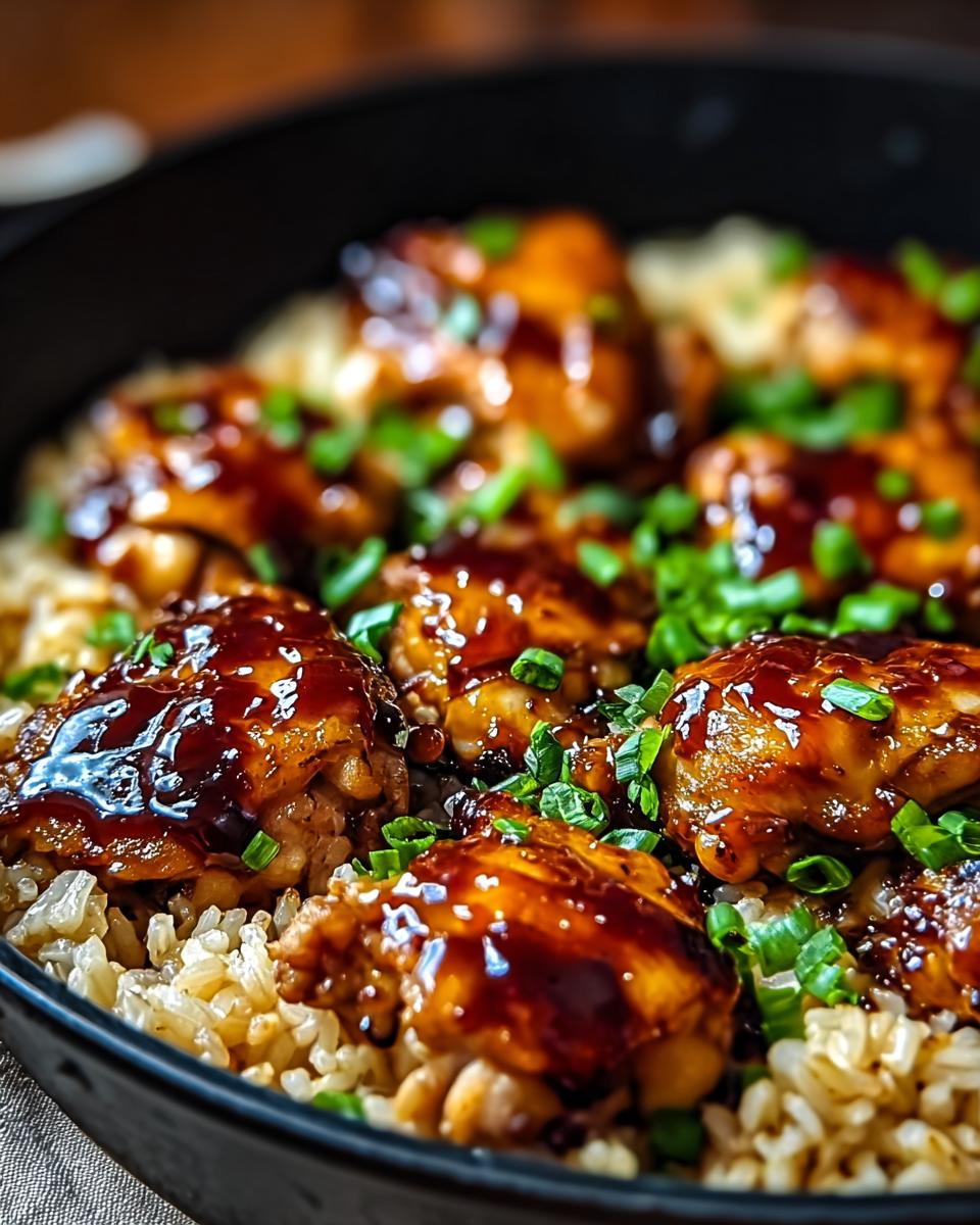 A close-up of a one-pan honey BBQ chicken rice dish, featuring glazed chicken pieces and fluffy rice, garnished with green onions.