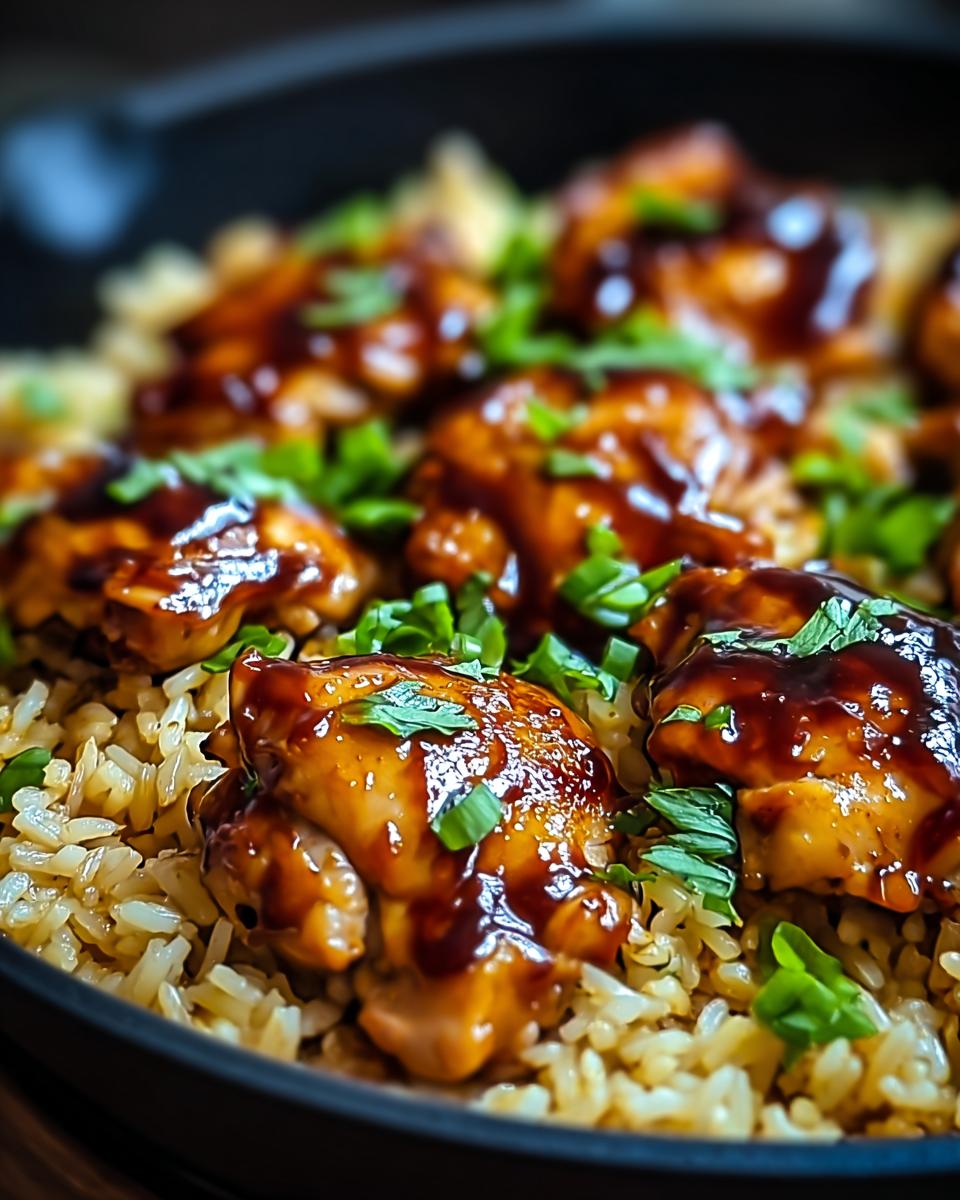 Close-up of juicy chicken thighs glazed with honey BBQ sauce served over fluffy rice, garnished with green onions.