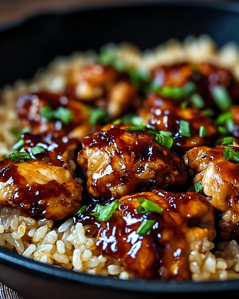 A close-up of glistening, saucy chicken pieces atop fluffy rice, garnished with green onions. This is the One-Pan Honey BBQ Chicken Rice.