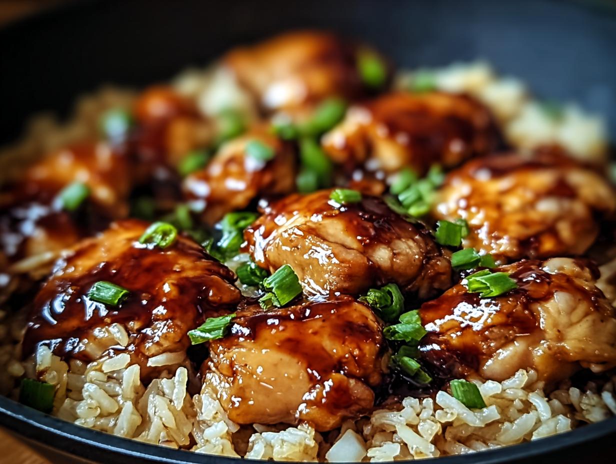 Close-up of One-Pan Honey BBQ Chicken Rice topped with chopped green onions.
