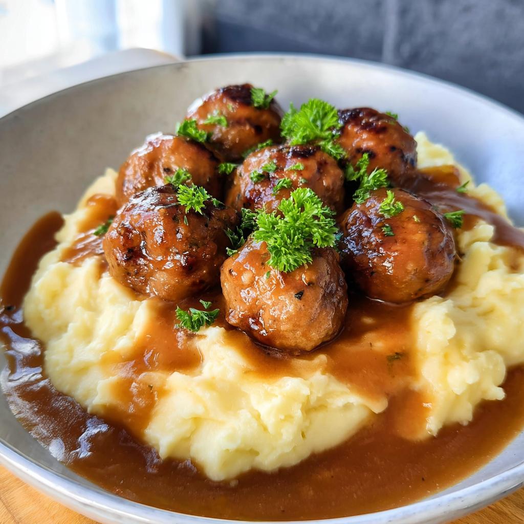 A close-up of Salisbury steak meatballs served over creamy garlic herb mashed potatoes, drizzled with rich brown gravy and garnished with parsley.