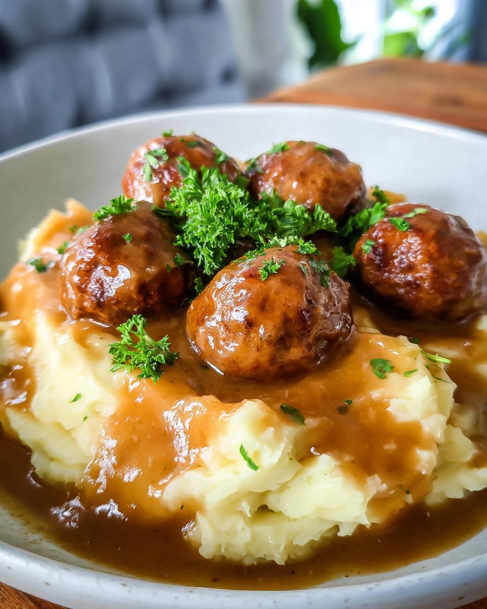 Close-up of Salisbury Steak Meatballs served over creamy Garlic Herb Mashed Potatoes, topped with gravy and parsley.
