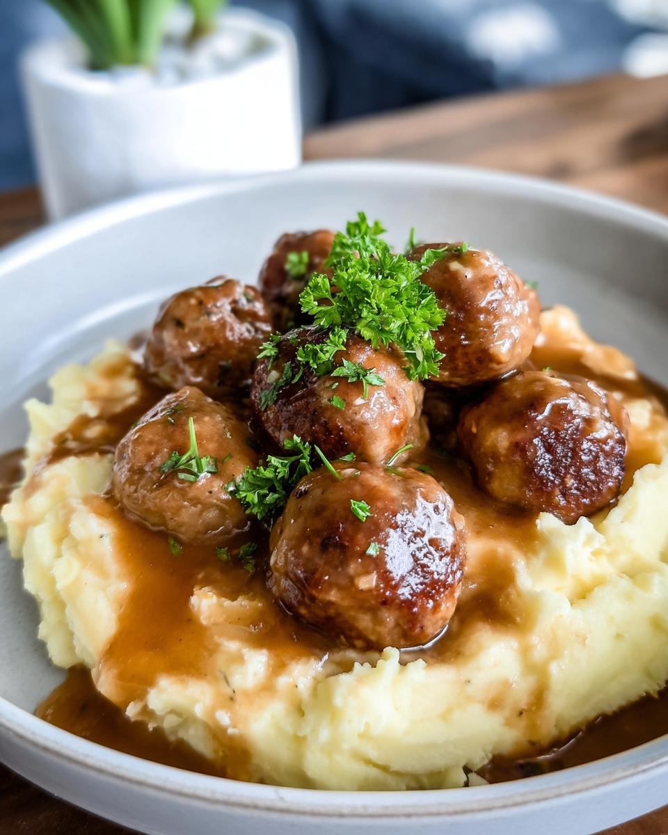 A close-up of Salisbury steak meatballs served over creamy garlic herb mashed potatoes, garnished with fresh parsley.