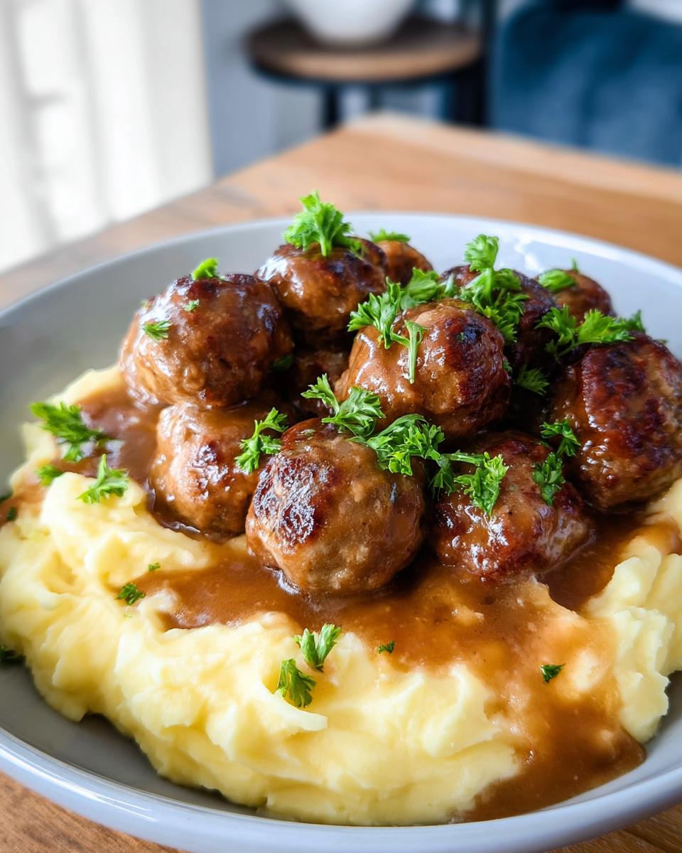 A close-up of Salisbury Steak Meatballs served over creamy Garlic Herb Mashed Potatoes, garnished with fresh parsley.